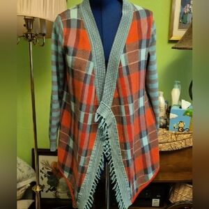 MatildaJane Open Front fringe cardigan steadfast orange&teal plaid sz.M.(#1206B)